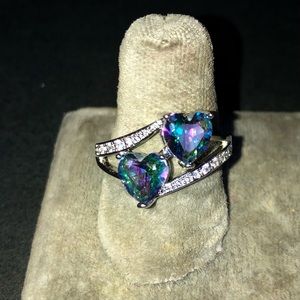 NEW Ladies Mystic Topaz Double Heart Ring w/CZ Accents, Choose Sz 7 OR Sz 8